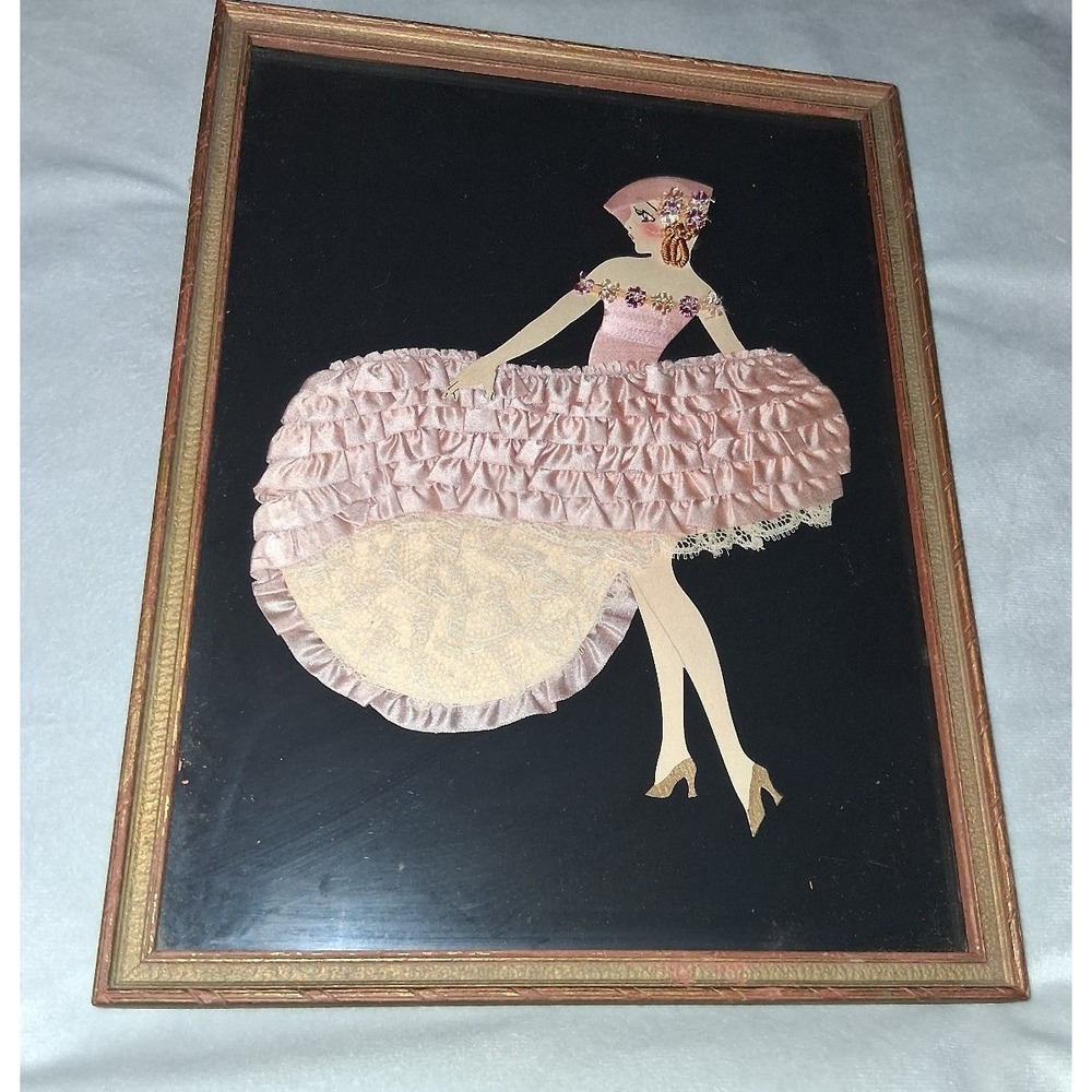 Vintage Framed Mixed Media Fashion Lady Art Pink Ruffle Dress 9.75" x 12.75"